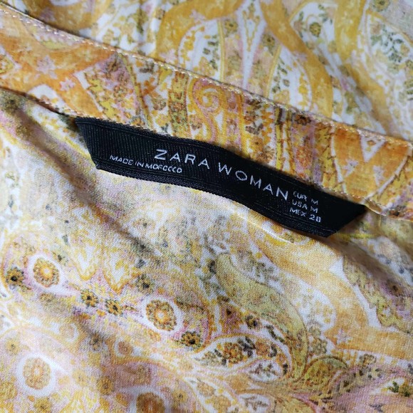 Zara Woman size Medium Yellow Print Long Sleeve Lace Up Polyester Tunic Dress - Picture 6 of 7